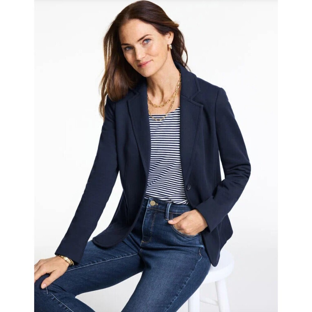 Talbots NWT Pique Knit Blazer in Navy Size 20 Cotton Blend Single Button
